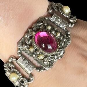 Selro Vintage Silver Frame Fruit Salad Oval Cabochon Victorian Revival Bracelet